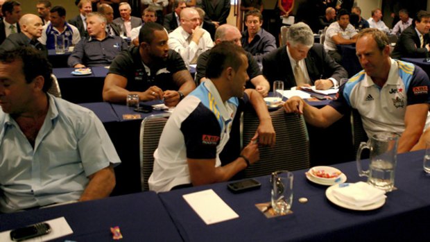 Coaches, players, CEOs and chairmen of the 16 NRL clubs at today's historic meeting.