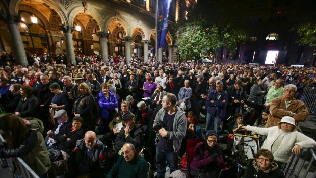 Crowds gathered at the Anzac Day dawn service in Sydney's Martin Place. 