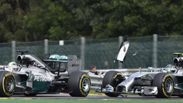 The collision between Lewis Hamilton (left) and Nico Rosberg on August 24.