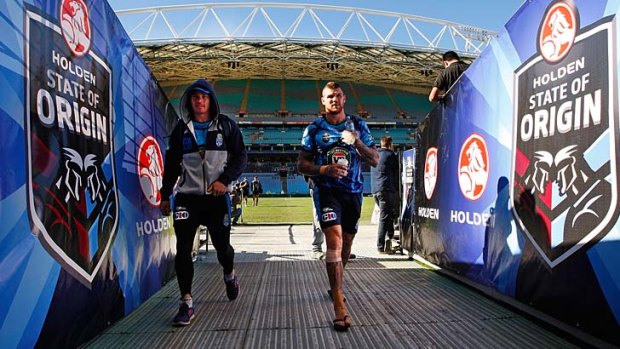 Beau Scott and Josh Dugan arrive for a NSW Blues State of Origin training session on Tuesday.