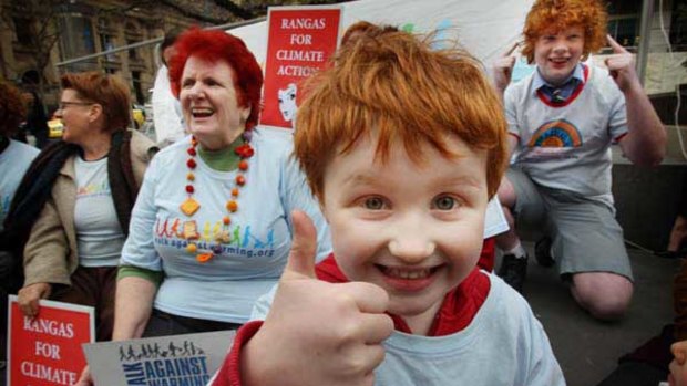 Finley, 5, joins the redhead protest against Labor's climate policies.