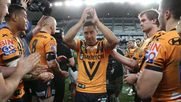 Emotional ending: Benji Marshall acknowledges the crowd after Friday night's match against South Sydney.