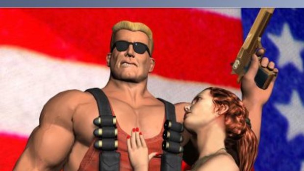 Duke Nukem, posed in front of a US flag, with a woman clinging to him.