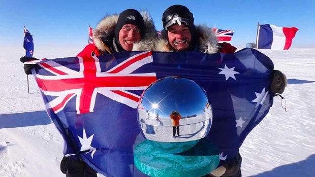 Cas (James Castrission, 29) and Jonesy (Justin Jones, 28) reach the South Pole as part of their world record attempt.