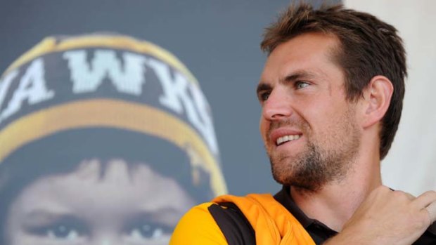 Quick starters: Hawthorn captain Luke Hodge at the jumper presentation at Glenferrie Oval yesterday.