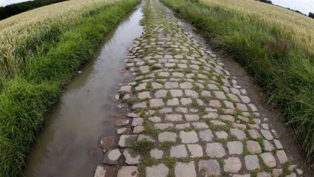 A section of the cobblestone road cyclists will tackle during stage five of the Tour de France.