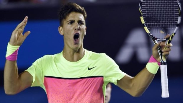 Australia's Thanasi Kokkinakis during the first round match at the Australian Open tennis championship in Melbourne.