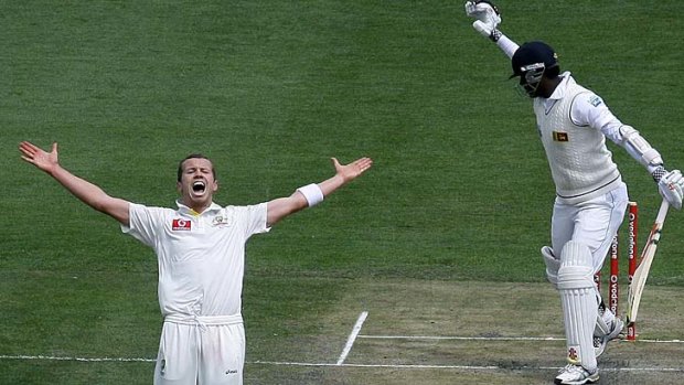 Demolition man &#8230; Peter Siddle celebrates the wicket of Angelo Mathews. The Victorian finished with another five-wicket haul.