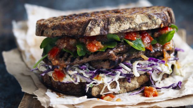 Reinventing a classic ... steak sandwich with coleslaw and tomato chilli relish.