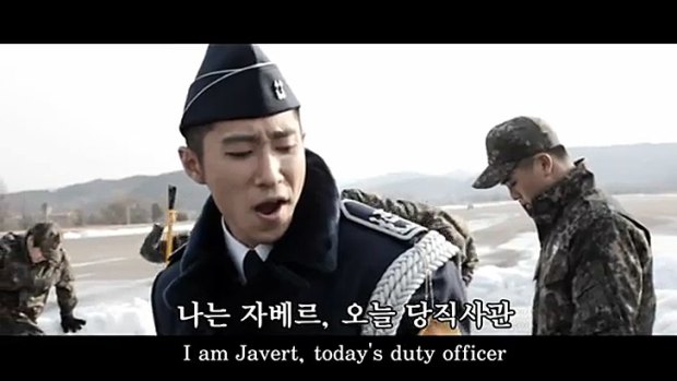 <i>Les Militaribles</i>: A scene from South Korea's parody of <i>Les Miserables</i>.