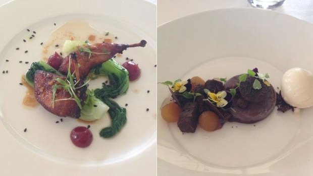 Glazed quail (L) and But the chocolate and chestnut pudding. 