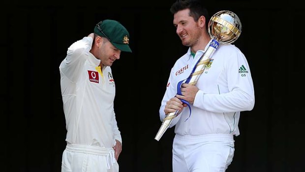 Michael Clarke and Graeme Smith of South Africa look relaxed with the ICC Test Championship Mace.