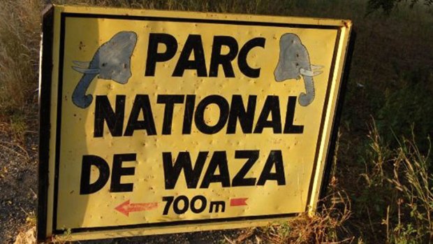 A sign reading ''National park of Waza, 700m'' at the entrance of the Waza natural Park, in northern Cameroon.