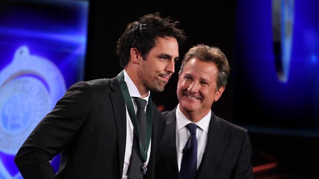 Mitchell Johnson with compere Mark Nicholas at the Allan Border Medal ceremony on Monday.