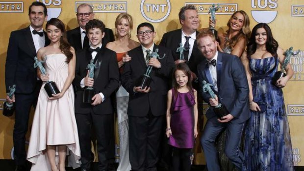 Arriving in Australia ... The cast of television sitcom <i>Modern Family</i>.