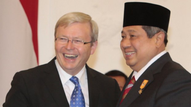 President Susilo Bambang Yudhoyono has arrived in Australia. In this file photo, Indonesia's leader can be seen talking with Prime Minister Kevin Rudd.