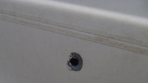 A bullet hole left in the car after the Lakelands incident.