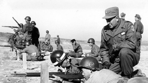 South Korean soldiers firing M1 "Garand" rifles while training during 1952.