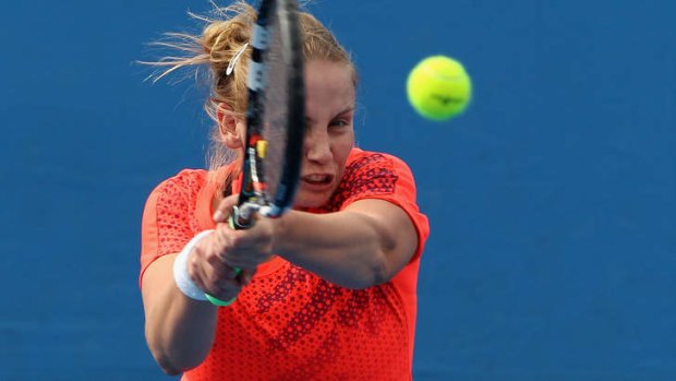The ball’s in her court: Jelena Dokic during her loss at the Australian Open qualifying tournament.