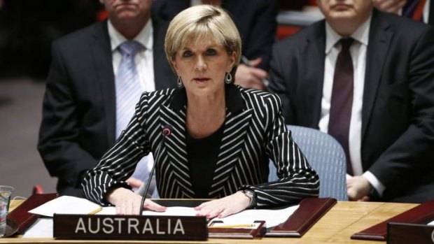 Australia's Foreign Minister Julie Bishop speaks to members of the Security Council during a meeting at United Nations in New York