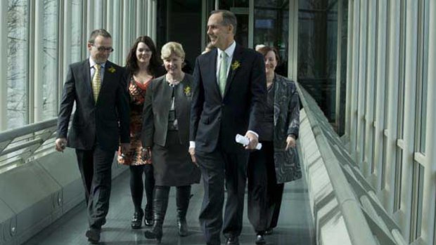 Going green: (from left to right) Greens MHR Adam Bandt and Senators Sarah Hanson-Young, Christine Milne, leader Bob Brown and Rachel Sewert. <i>Picture: NC Walker</i>