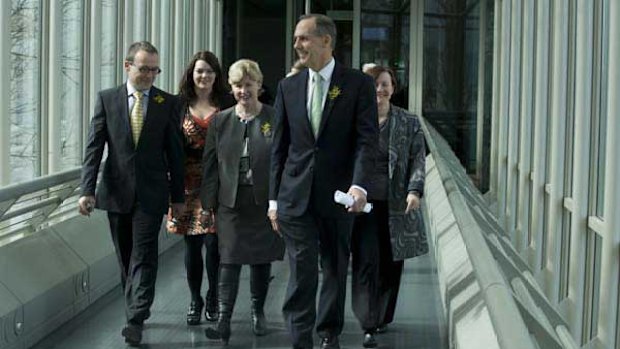 Going green: (from left to right) Greens MHR Adam Bandt and Senators Sarah Hanson-Young, Christine Milne, leader Bob Brown and Rachel Sewert. <i>Picture: NC Walker</i>