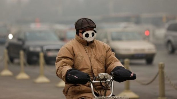 No laughing matter: A Beijing commuter wears a mask during severe pollution in the city on February 25.