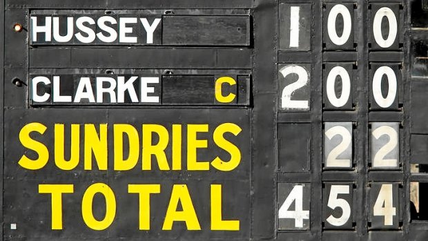 Double the fun .... the scoreboard after Michael Clarke and Michael Hussey brought up their milestones in consecutive balls.