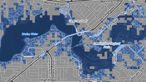 A temperature rise of 4 degrees will see suburbs from Manning Road to Leach Highway flooded.