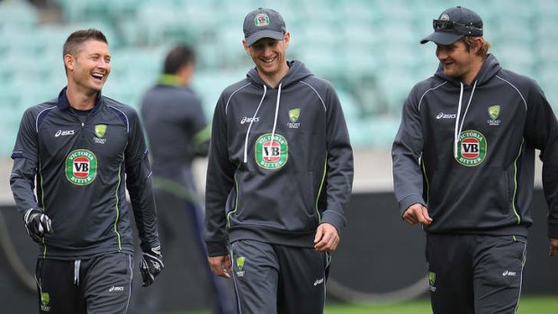 Tough times: Michael Clarke and Shane Watson (right) at training on Friday. Clarke believes the David Warner fracas was well handled.