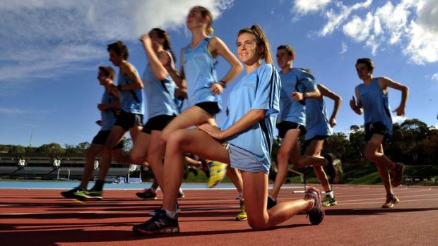 Emily Brichacek of Bruce pictured with the University of Canberra John Landy Talent Squad at the AIS athletics track, Canberra.