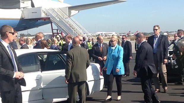 Hillary Clinton touches down in Perth.
