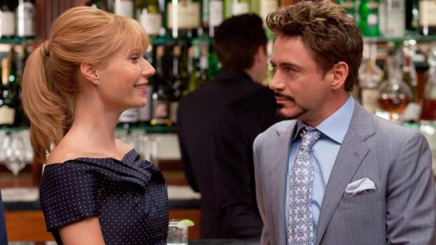 Gwyneth Paltrow and Robert Downey Jr. who she asked about addiction in a scene from <i>Iron Man 2</i>.