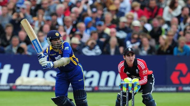 Mahela Jayawardene picks up some runs against England on Saturday.