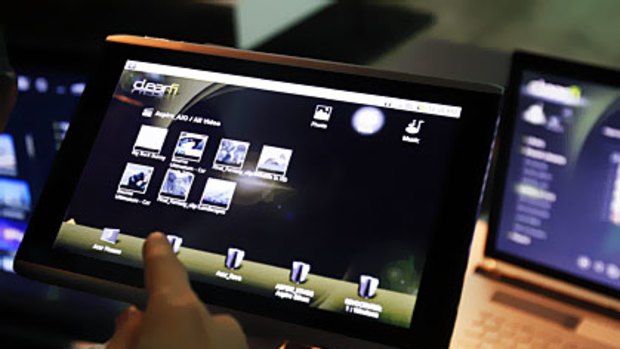 The Acer 10.10 Android full capacitive touchscreen tablet is seen during a news conference in New York.