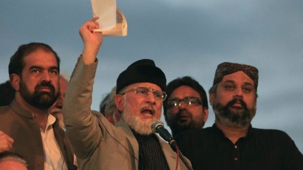 Tahir-ul-Qadri addresses supporters in Islamabad.