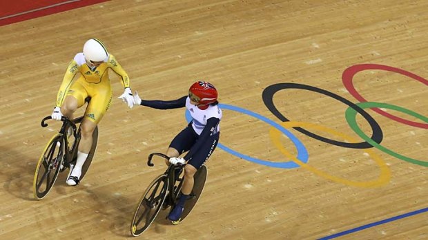 Well done ... Anna Meares shakes hands with Britain's Victoria Pendleton.