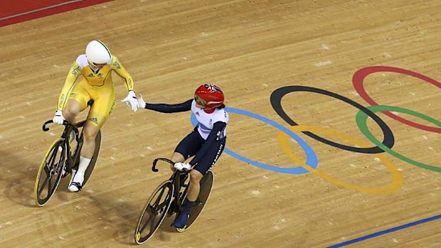 Well done ... Anna Meares shakes hands with Britain's Victoria Pendleton.