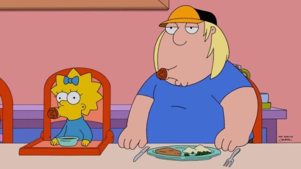 Mash up: Peter and the Griffins get out of dodge and end up in Springfield, where they are greeted by a friendly stranger named Homer in the 13th season of <i>Family Guy</i>.