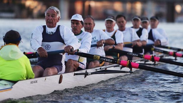 Members of the Ancient Mariners rowing club training in Iron Cove. The over-65 age bracket is one of the fastest growing groups of rowers, according to Rowing NSW.