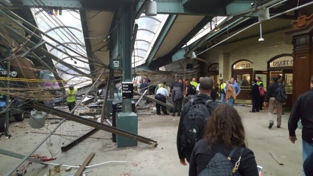 The scene of a train crash in Hoboken, New Jersey, on Thursday.