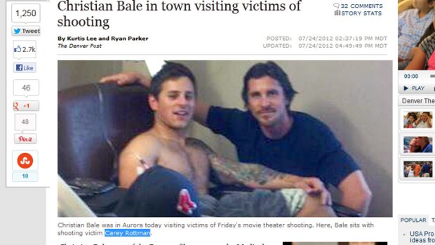 Christian Bale with shooting victim Carey Rottman in hospital. Bale had asked that the visit be kept quiet until Mr Rottman posted this picture on his Facebook page.