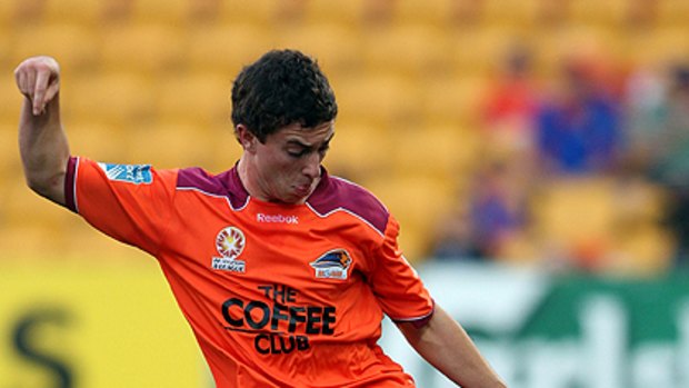Tommy Oar kicks the ball during the round three A-League match between the Brisbane Roar and the Wellington Phoenix in August.