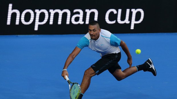 Nick Kyrgios during his win over Andy Murray at the Hopman Cup.