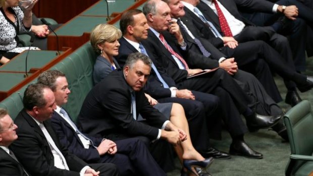 Treasurer Joe Hockey and Government frontbench listen to Opposition Leader Bill Shorten delivering the Budget reply.