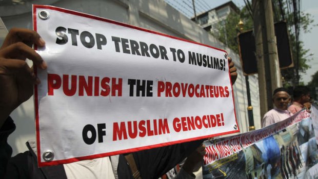 Myanmar Rohingya Muslim protesters rally in front of the Myanmar Embassy in Bangkok, Thailand demanding protection for Rohingya Muslims living in Myanmar, in April 2013.