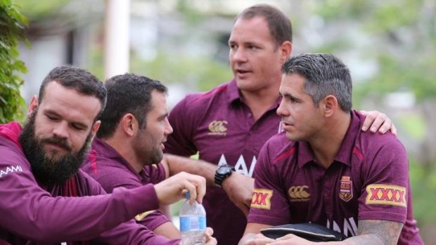 Nate Myles, Cameron Smith, Matthew Scott and Corey Parker during a Maroons media session last week.
