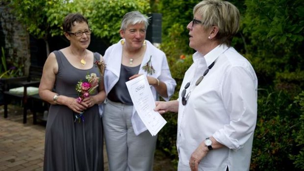 Canberrans Margaret Penrose Clark and Anne-Marie Delahunt tie the knot, officiated by celebrant Judy Aulich.