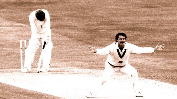 Dennis Lillee traps England's Mike Gatting leg before wicket during the Third Test at Headingley in Leeds.
