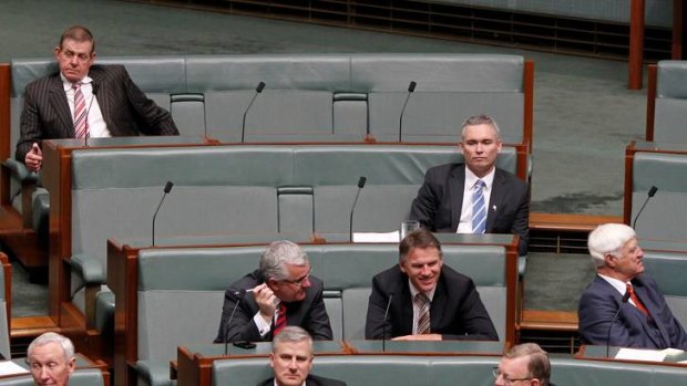 Peter Slipper  joins the cross benchers with, from left, Andrew Wilkie, Rob Oakeshott, Craig Thomson and Bob Katter.